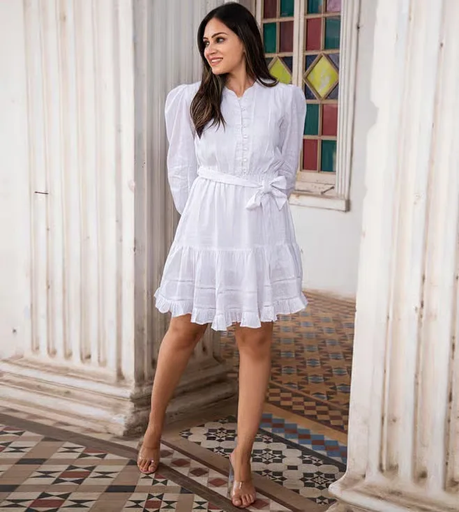 Elegant White Linen Flared Dress for Women